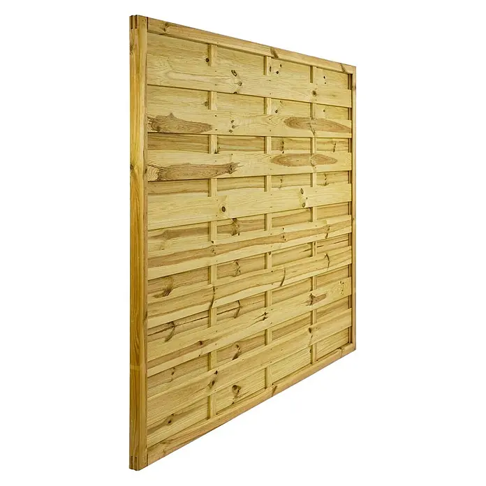 GartenLand Sichtschutzelement VARIO - B x H: 180 x 150 cm, Holz, Kiefer KDI Grün - Ein hellbraunes Gartenzaunelement aus Holz mit geflochtenem Lattenmuster.