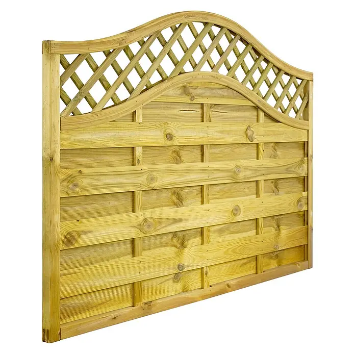 GartenLand Sichtschutzelement VARIO - B x H: 180 x 120 cm, Holz, Kiefer KDI Grün - Hölzerner Gartenzaun mit horizontal geflochtenen Latten und einem bogenförmigen Ziergitter oben.