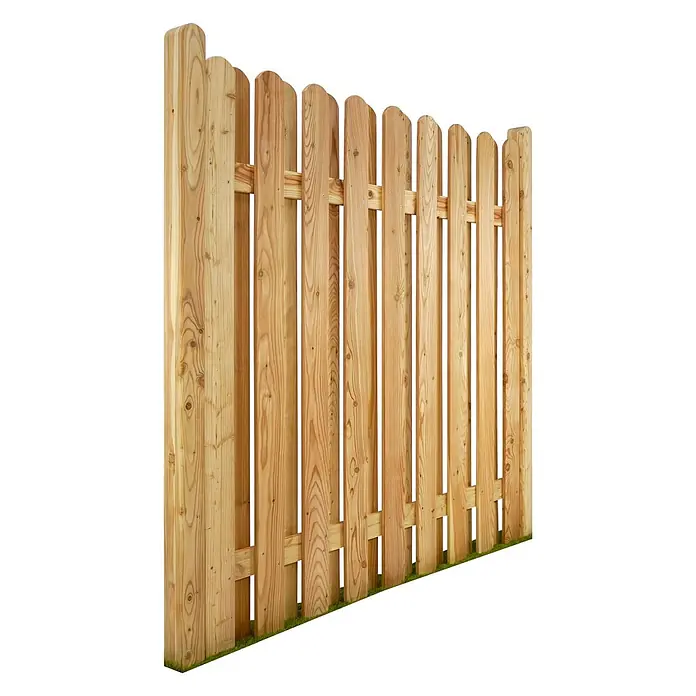 GartenLand Sichtschutzelement MAILAND - B x H: 180 x 180 cm, Holz, Lärche - Hellbrauner Lattenzaun aus Holz mit geschwungenen Spitzen, auf grünem Gras stehend.