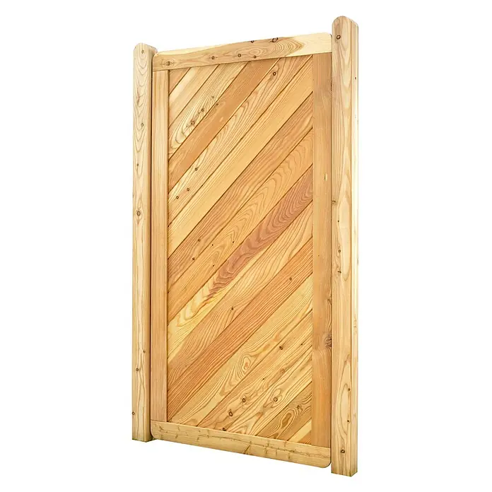 GartenLand Sichtschutzelement NIZZA - B x H: 90 x 180 cm, Holz, Lärche - Gartentor aus Naturholz mit diagonalen Brettern, umrahmt von vertikalen und horizontalen Elementen.