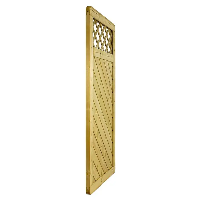 GartenLand Sichtschutzelement INNSBRUCK MASSIV - B x H: 90 x 180 cm, Holz, Fichte KDI Grün - Gartenzaunpaneel aus Naturholz mit diagonalen Latten und einem dekorativen Rautenrankgitter.