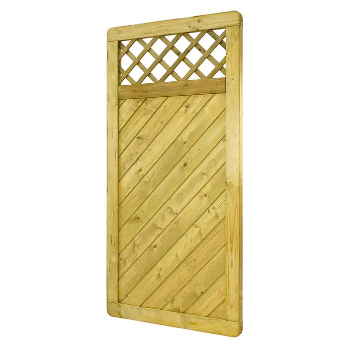 GartenLand Sichtschutzelement INNSBRUCK MASSIV - B x H: 90 x 180 cm, Holz, Fichte KDI Grün - Helles Holztor mit diagonalen Latten und einem rautenförmigen Spalier oben.