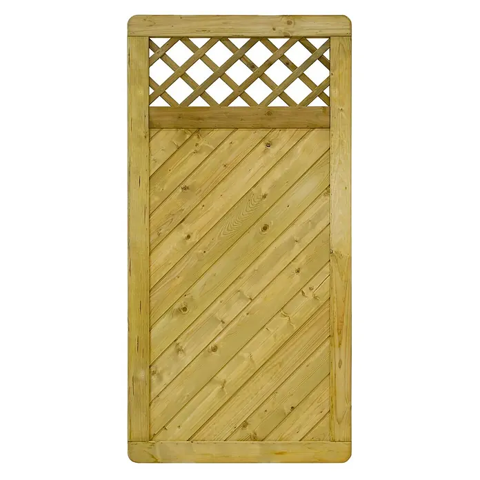 GartenLand Sichtschutzelement INNSBRUCK MASSIV - B x H: 90 x 180 cm, Holz, Fichte KDI Grün - Heller Holzzaun mit rautenförmigem Gitter oben und diagonalen Latten unten.