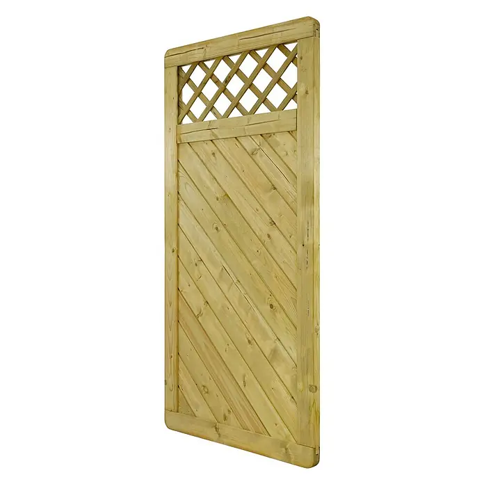 GartenLand Sichtschutzelement INNSBRUCK MASSIV - B x H: 90 x 180 cm, Holz, Fichte KDI Grün - Grün imprägniertes Holzzaunelement mit diagonalen Latten unten und Rautenrankgitter oben.