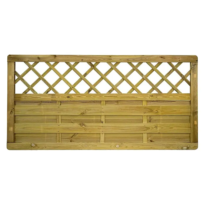GartenLand Sichtschutzelement VARIO MASSIV - B x H: 180 x 90 cm, Holz, Kiefer KDI Grün - Grün imprägniertes Holzzaunelement mit Querbrettern und diagonalem Rankgitter oben.