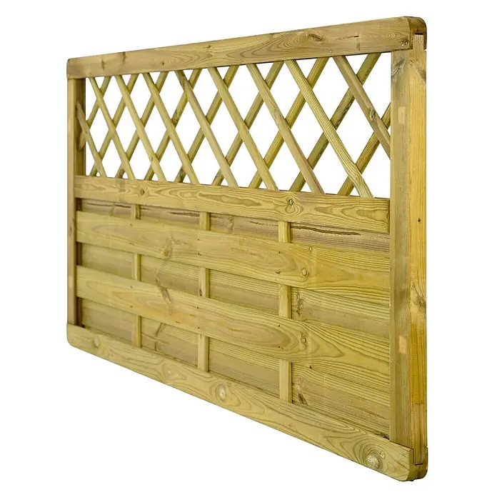 GartenLand Sichtschutzelement VARIO MASSIV - B x H: 180 x 90 cm, Holz, Kiefer KDI Grün - Heller Holzzaun mit diagonalem Rankgitter oben und horizontalen Latten unten.