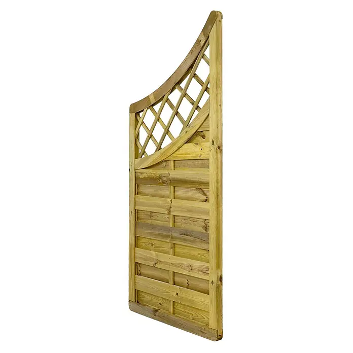 GartenLand Sichtschutzelement VARIO MASSIV - B x H: 90 x 180 cm, Holz, Kiefer KDI Grün - Hölzernes Gartenzaunelement mit geschwungenem Ziergitter oben und horizontalen Latten.