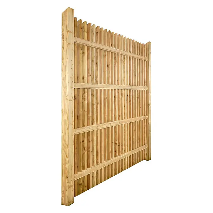 GartenLand Sichtschutzelement WIEN - B x H: 180 x 180 cm, Holz, Lärche - Hellbrauner Holzzaunpaneel mit vertikalen Latten und horizontalen Stützriegeln, mit einem dicken Pfosten links.