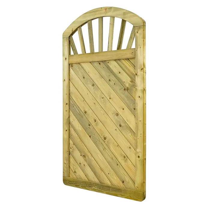 GartenLand Sichtschutzelement INNSBRUCK MASSIV - B x H: 100 x 180 cm, Holz, Fichte KDI Grün - Behandeltes Holztor mit Rundbogen oben, vertikalen Latten und diagonalen Brettern im Hauptteil.