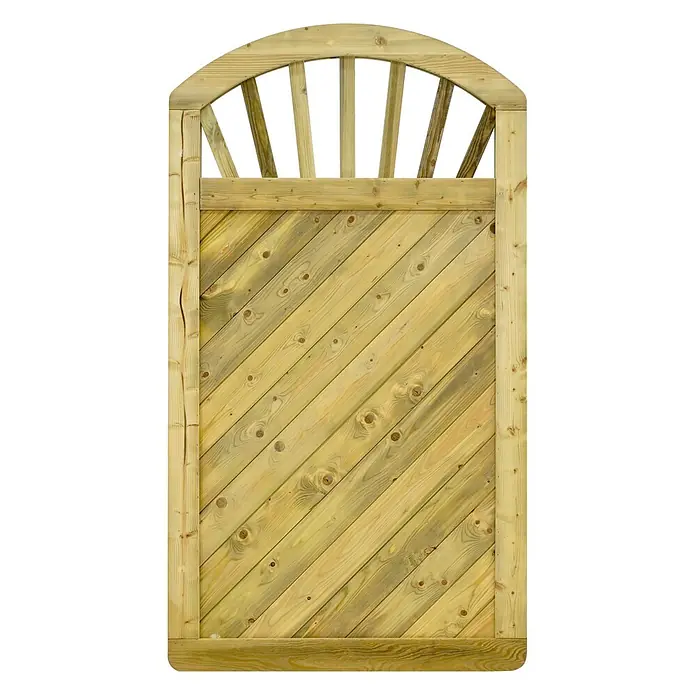 GartenLand Sichtschutzelement INNSBRUCK MASSIV - B x H: 100 x 180 cm, Holz, Fichte KDI Grün - Helles Holztor mit Rundbogen oben und diagonalen Brettern unten.