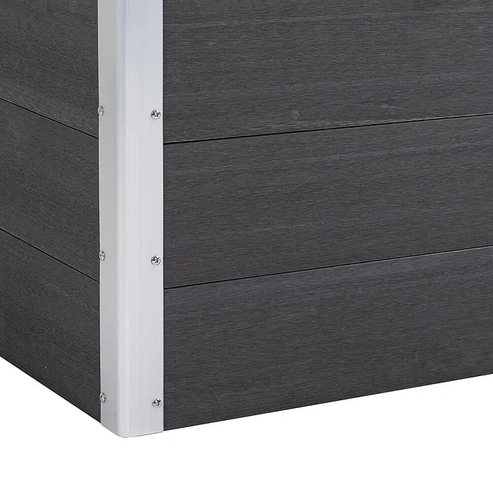 Furnicato Hochbeet - 100 x 50 x 55,5 cm, Verbundwerkstoff, Grau - Ecke eines dunkelgrauen Hochbeets aus Holz-Verbundwerkstoff mit weißem Metallwinkel und Schrauben.