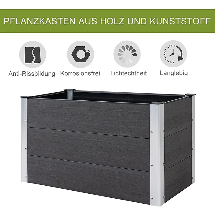 Furnicato Hochbeet - 100 x 50 x 55,5 cm, Verbundwerkstoff, Grau - Dunkelgrauer Pflanzkasten aus Holz-Kunststoff-Verbundwerkstoff mit silbernen Metalleckverstärkungen.
