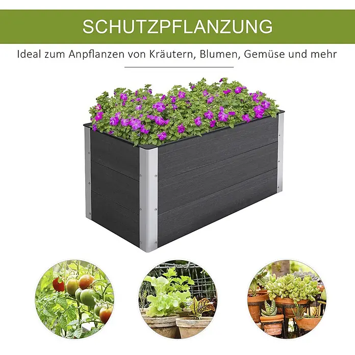 Furnicato Hochbeet - 100 x 50 x 55,5 cm, Verbundwerkstoff, Grau - Dunkelgraues Hochbeet mit silbernen Eckhalterungen, gefüllt mit lila Blumen. Ideal für Kräuter, Blumen und Gemüse.