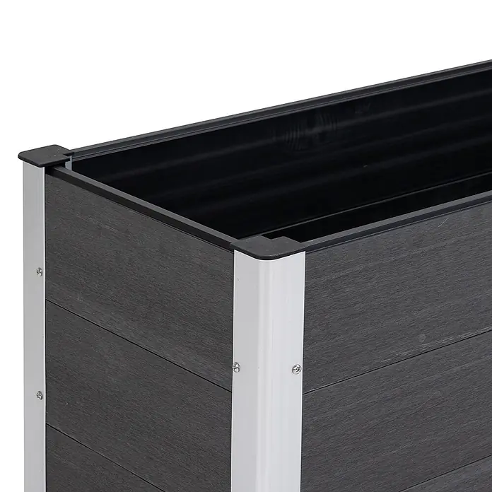 Furnicato Hochbeet - 100 x 50 x 55,5 cm, Verbundwerkstoff, Grau - Rechteckiges Pflanzgefäß in Dunkelgrau-Holzoptik mit silbernen Eckstützen und schwarzem Innenraum.