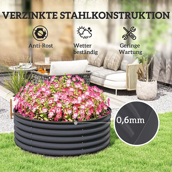 Furnicato Hochbeet - 120 x 120 x 43 cm, Stahl, Dunkelgrau - Dunkles, geriffeltes Hochbeet aus verzinktem Stahl mit rosa Blumen. Rostfrei, wetterbeständig, 0,6mm stark.