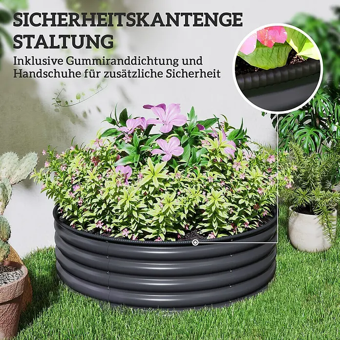 Furnicato Hochbeet - 120 x 120 x 43 cm, Stahl, Dunkelgrau - Dunkelgraues rundes Hochbeet aus Metall mit Sicherheitsgummirand, bepflanzt.