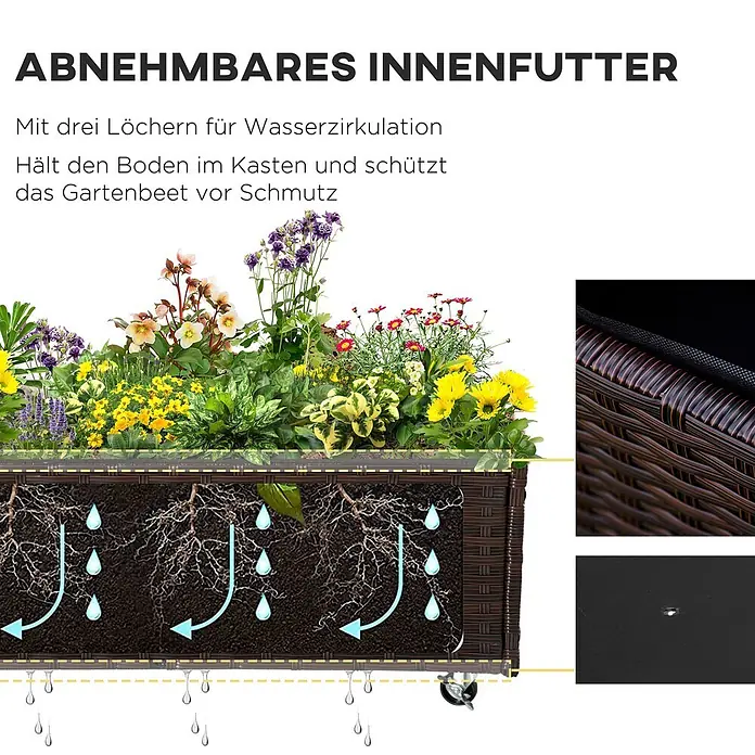 Outsunny Hochbeet - Stahl, Braun - Braunes Hochbeet in Rattan-Optik mit herausnehmbarem schwarzem Innenfutter und Drainageöffnungen für Wasserzirkulation.