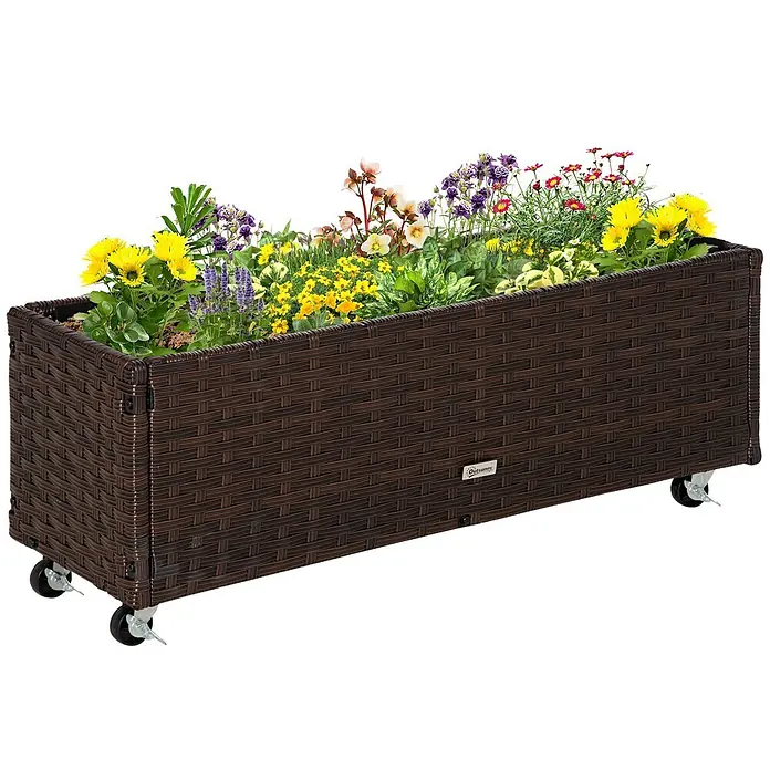 Outsunny Hochbeet - Stahl, Braun - Dunkelbrauner Rattan-Pflanzkübel auf Rollen, gefüllt mit bunten Blumen.