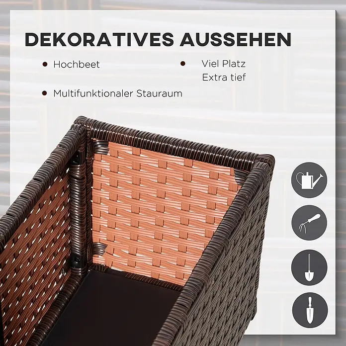 Outsunny Hochbeet - Stahl, Braun - Dunkelbrauner und hellbrauner geflochtener Pflanzkasten, als Hochbeet mit vielseitigem Stauraum und extra Tiefe beschrieben.