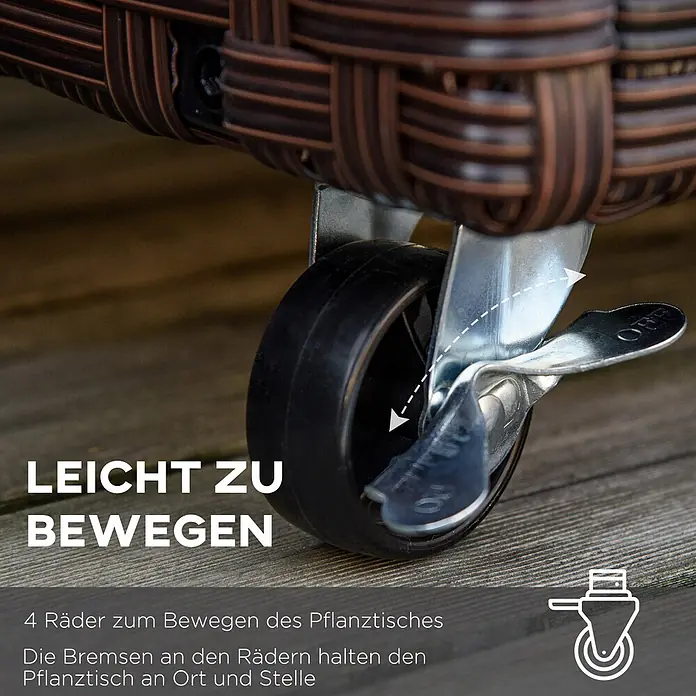 Outsunny Hochbeet - Stahl, Braun - Nahaufnahme eines schwarzen Lenkrads mit metallischem Bremshebel, befestigt an braunen Korbmöbeln, zur Hervorhebung seiner Beweglichkeit und Arretierfunktion.