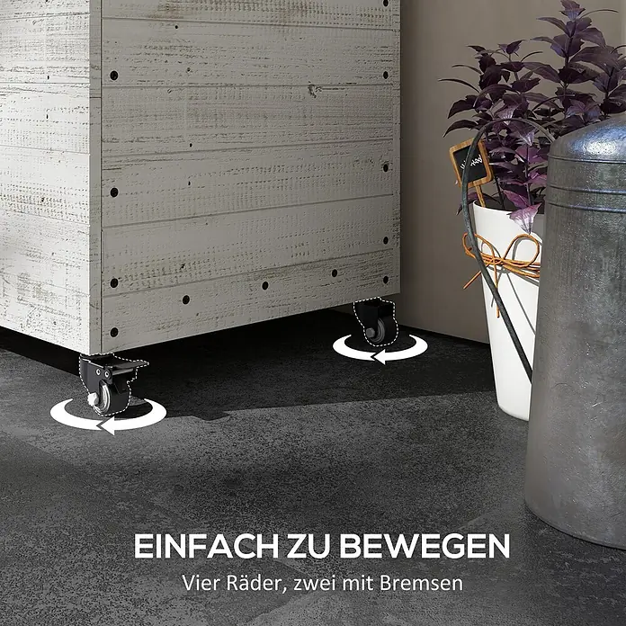 Outsunny Kräuterhochbeet - Material: Holz - Weißer Holzschrank auf vier Rollen, zwei davon mit Bremsen, die leichte Beweglichkeit zeigen. Flexibel einsetzbar.