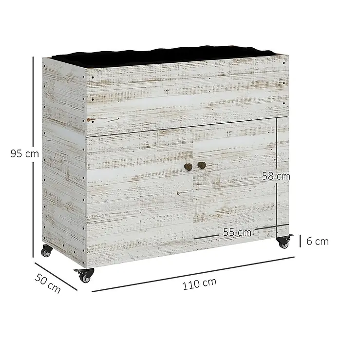 Outsunny Kräuterhochbeet - Material: Holz - Rustikaler, weißer Pflanzkasten aus Holz auf Rollen mit Unterschrank.