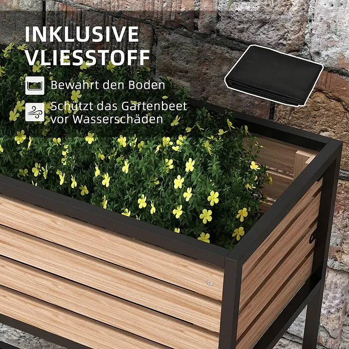Outsunny Kräuterhochbeet - Material: Stahl - Hochbeet mit Holzlatten und dunklem Rahmen, gefüllt mit Pflanzen und Blumen, inklusive schwarzem Vlies für Boden- und Wasserschutz.