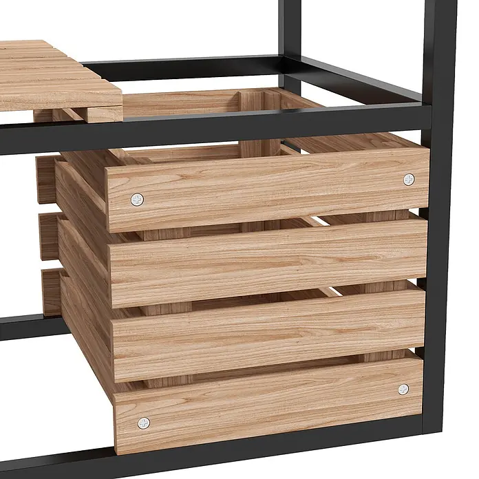 Outsunny Kräuterhochbeet - Material: Stahl - Regalgestell aus schwarzem Metall mit ausziehbaren Kisten aus hellbraunen Holzlatten.