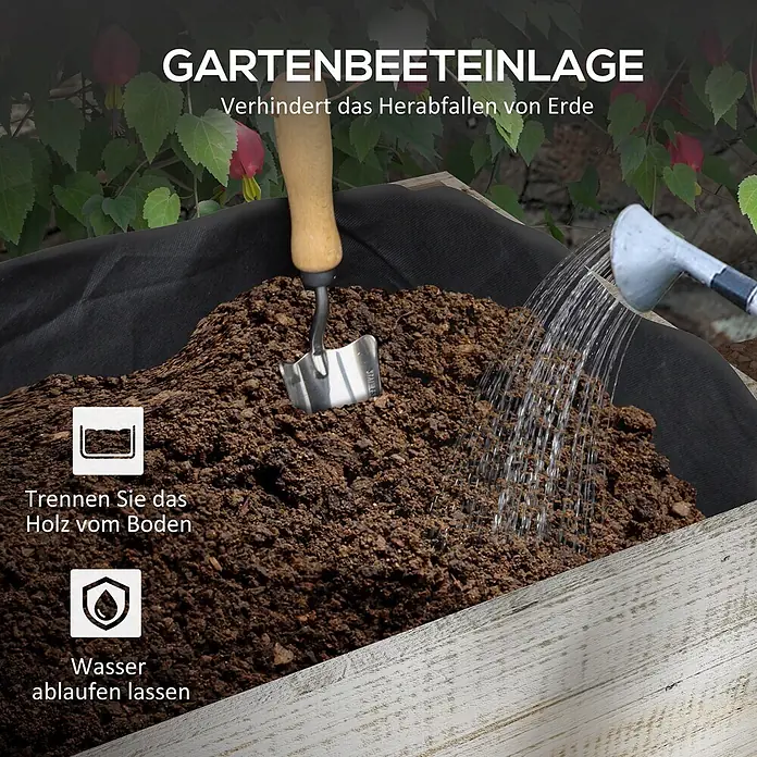 Outsunny Kräuterhochbeet - Material: Holz - Schwarze Stoff-Gartenbeeteinlage in einem Hochbeet aus Holz, die das Holz vor Erde schützt und Wasserabfluss ermöglicht.