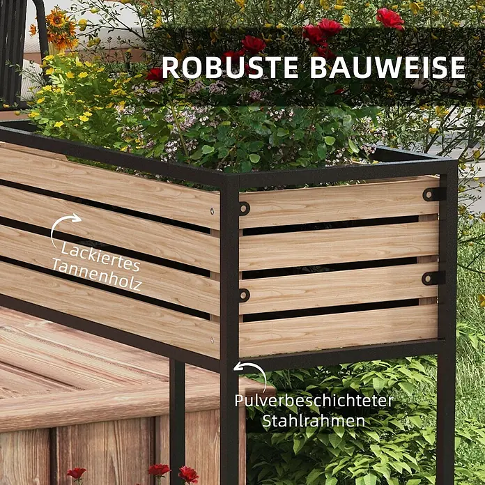 Outsunny Kräuterhochbeet - Material: Stahl - Ein Pflanzkasten aus hellem, lackiertem Tannenholz und einem dunklen, pulverbeschichteten Stahlrahmen, mit Pflanzen gefüllt.