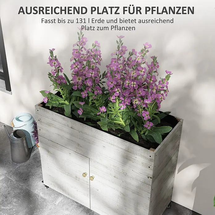 Outsunny Kräuterhochbeet - Material: Holz - Rustikaler weißer Holz-Pflanzkasten auf Rollen, gefüllt mit lila Blumen, unten mit Schrankstauraum.