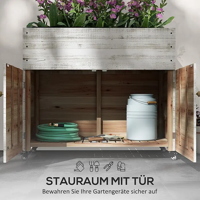 Outsunny Kräuterhochbeet - Material: Holz - Weißer Pflanzkasten aus Holz mit Türen, auf Rollen, bietet Stauraum für Gartengeräte und Pflanzen.