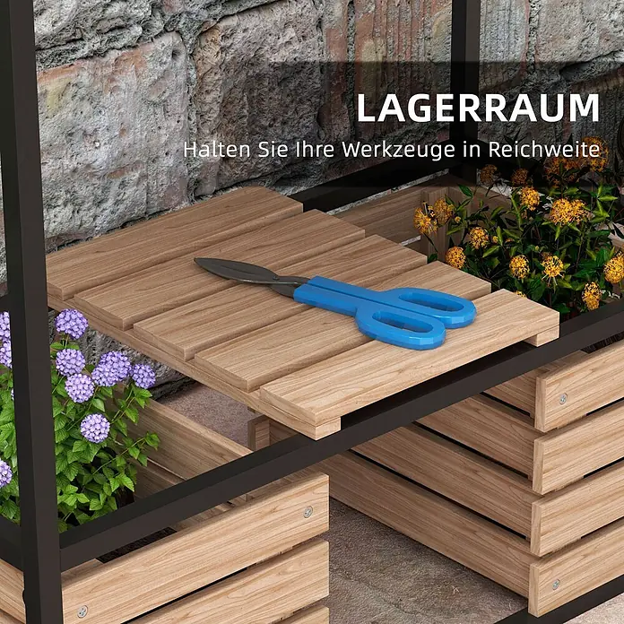 Outsunny Kräuterhochbeet - Material: Stahl - Hölzernes Hochbeet mit dunklem Metallrahmen, bepflanzt und mit Gartenschere als Ablage für Werkzeuge.