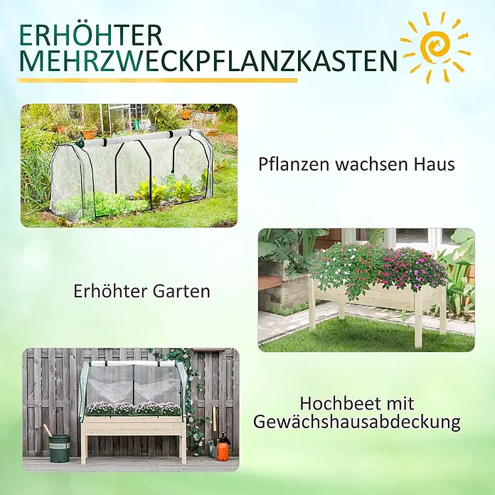 Furnicato Hochbeet Inkl. Vogelschutznetz - 121 x 55 x 117 cm, Holz, Naturholz - Collage verschiedener Gartenpflanzkästen: erhöhte Holzbeete mit und ohne Abdeckung und ein kleines Tunnelgewächshaus zum Pflanzenanbau.