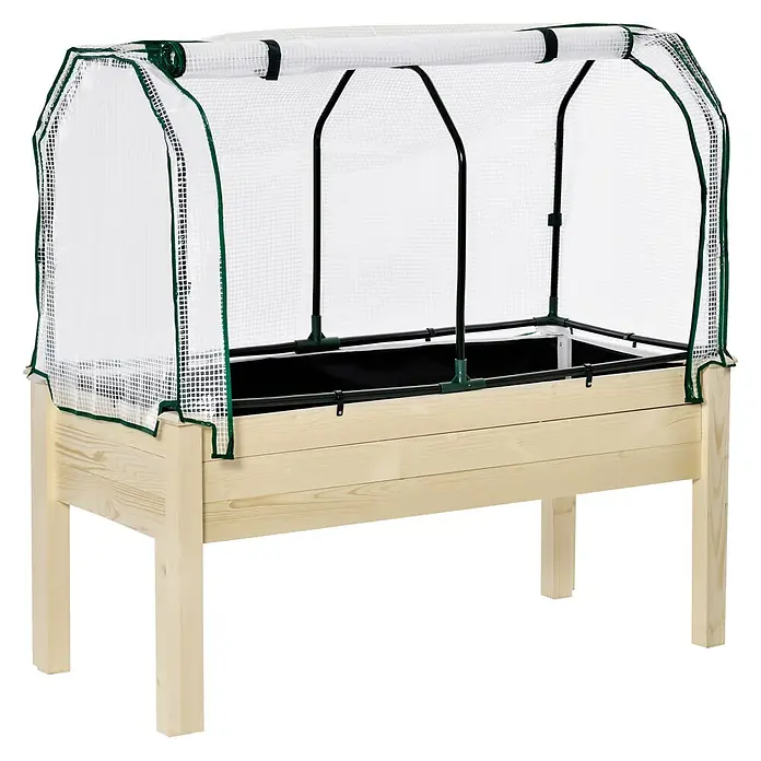 Furnicato Hochbeet Inkl. Vogelschutznetz - 121 x 55 x 117 cm, Holz, Naturholz - Hölzernes Hochbeet mit klarer Kunststoff-Gewächshausabdeckung und grünem Rand.