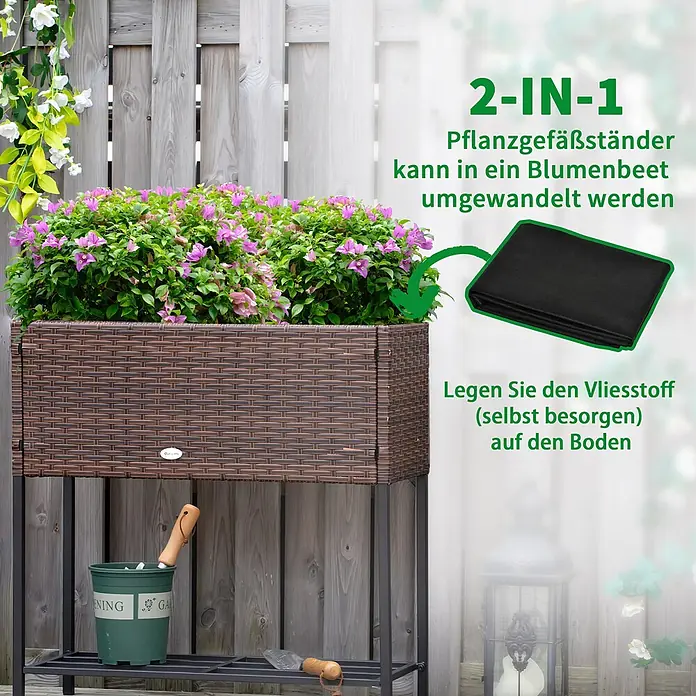 Outsunny Kräuterhochbeet - Material: Metall - Braunes Hochbeet im Rattan-Stil auf schwarzem Metallgestell, 2-in-1-Design, als Blumenbeet umwandelbar.