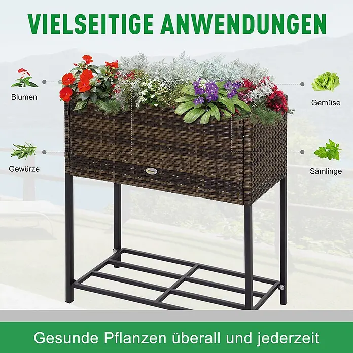 Outsunny Kräuterhochbeet - Material: Metall - Braunes Rattan-Hochbeet auf schwarzem Metallgestell, gefüllt mit Blumen, Kräutern und Gemüse, zeigt vielseitige Pflanzmöglichkeiten.