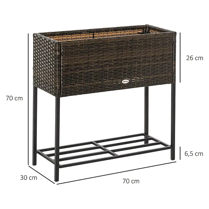 Outsunny Kräuterhochbeet - Material: Metall - Erhöhtes Pflanzgefäß in dunkler Rattan-Optik mit schwarzem Metallgestell und Ablage.