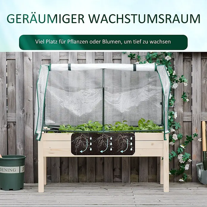Furnicato Hochbeet Inkl. Vogelschutznetz - 121 x 55 x 117 cm, Holz, Naturholz - Hochbeet aus Holz mit Gewächshausabdeckung für tiefwachsende Pflanzen, inkl. Bewässerungsillustration.