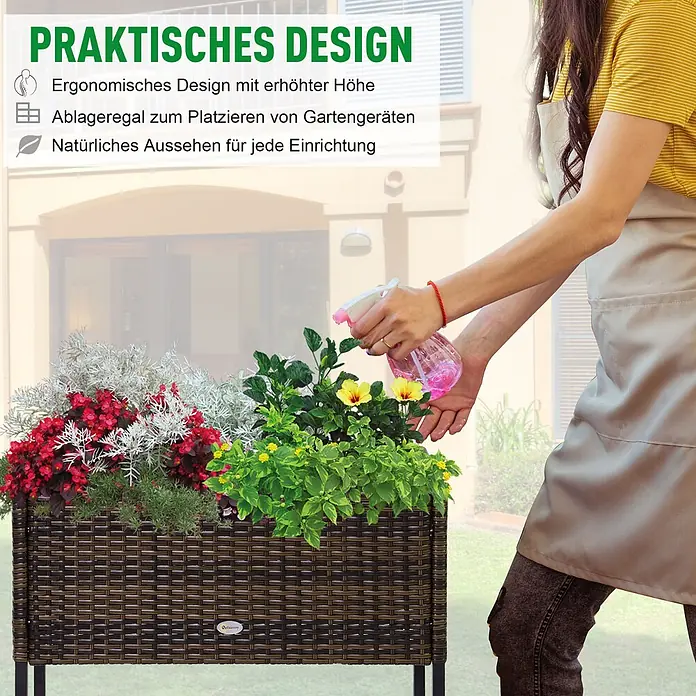 Outsunny Kräuterhochbeet - Material: Metall - Braunes Hochbeet im Rattan-Stil mit Pflanzen, von einer Person gegossen. Ideal für komfortables Gärtnern.