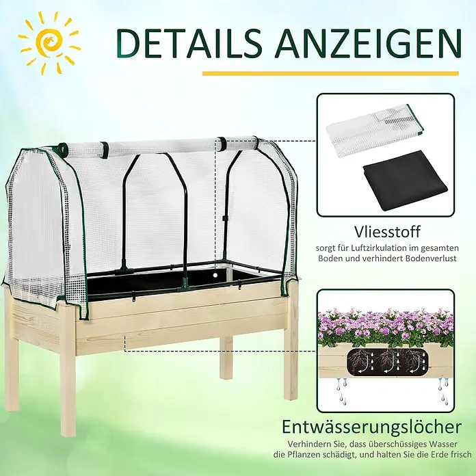 Furnicato Hochbeet Inkl. Vogelschutznetz - 121 x 55 x 117 cm, Holz, Naturholz - Hochbeet aus Holz mit transparentem Frühbeetaufsatz, Vliesstoff und Entwässerungslöchern für optimale Pflanzenpflege.