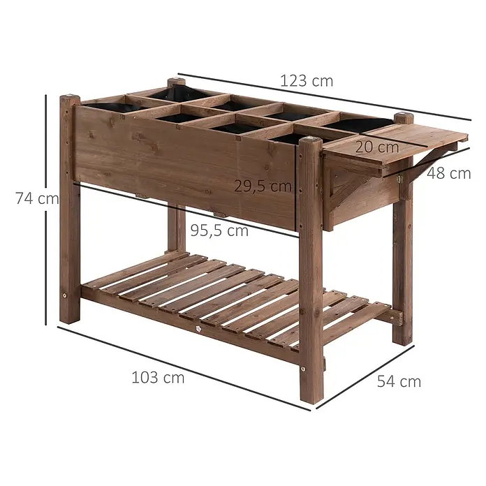 Outsunny Kräuterhochbeet - Material: Holz - Brauner Hochbeet aus Holz mit Ablagefläche und klappbarem Beistelltisch, mit mehreren Pflanzfächern.