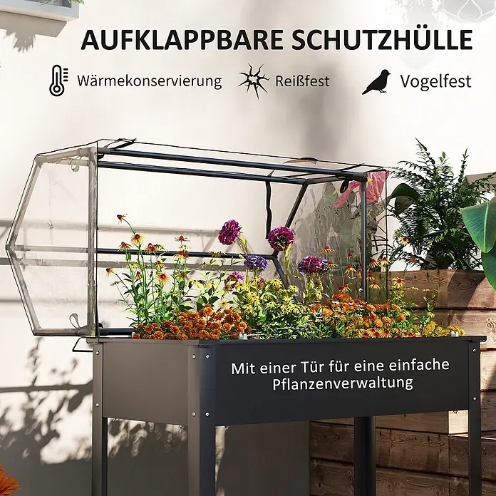 Outsunny Kräuterhochbeet - L x B x H: 100 x 48 x 124 cm - Schwarzes Hochbeet aus Metall mit offener, klarer Klappschutzhülle, gefüllt mit bunten Blumen, für einfache Pflege und Schutz.