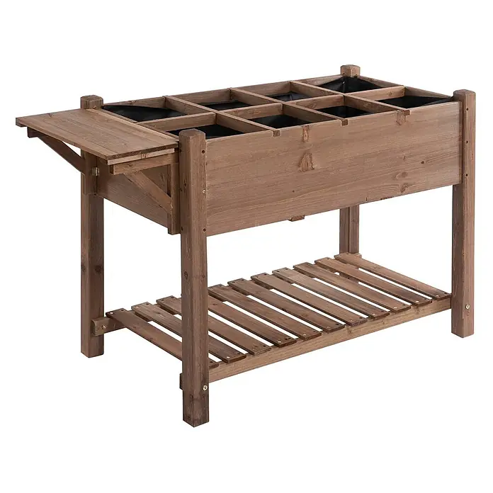 Outsunny Kräuterhochbeet - Material: Holz - Braunes Hochbeet aus Holz mit Einzelsegmenten, ausklappbarer Seitenablage und Lattenregal darunter.