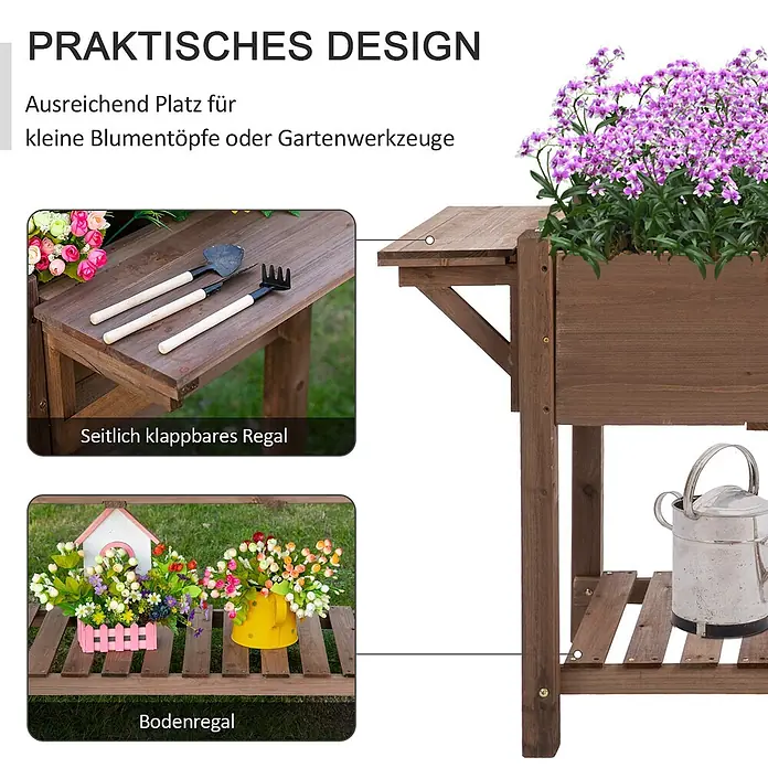Outsunny Kräuterhochbeet - Material: Holz - Brauner Holz-Pflanztisch mit Pflanzkasten, klappbarer Seitenablage und Latten-Bodenregal für Werkzeuge und Töpfe.