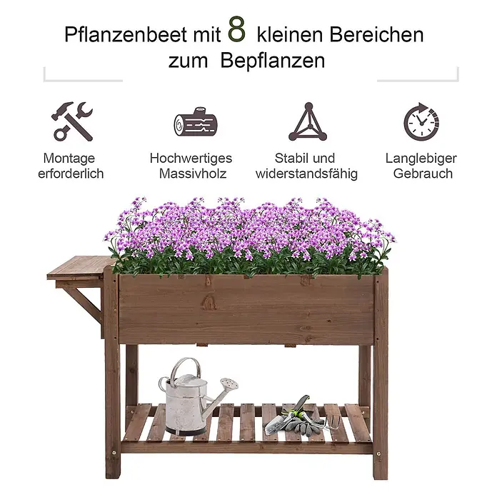 Outsunny Kräuterhochbeet - Material: Holz - Braunes Hochbeet aus Massivholz mit 8 Pflanzbereichen, Seitenablage und unterem Regal.