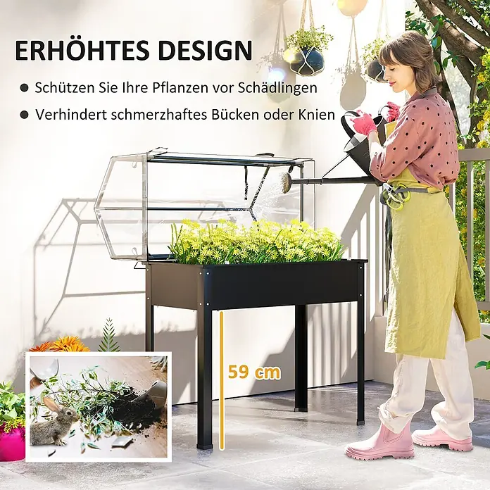 Outsunny Kräuterhochbeet - L x B x H: 100 x 48 x 124 cm - Schwarzes Hochbeet mit transparentem Deckel, 59 cm hoch, für bequemes Gärtnern und Schädlingsschutz.