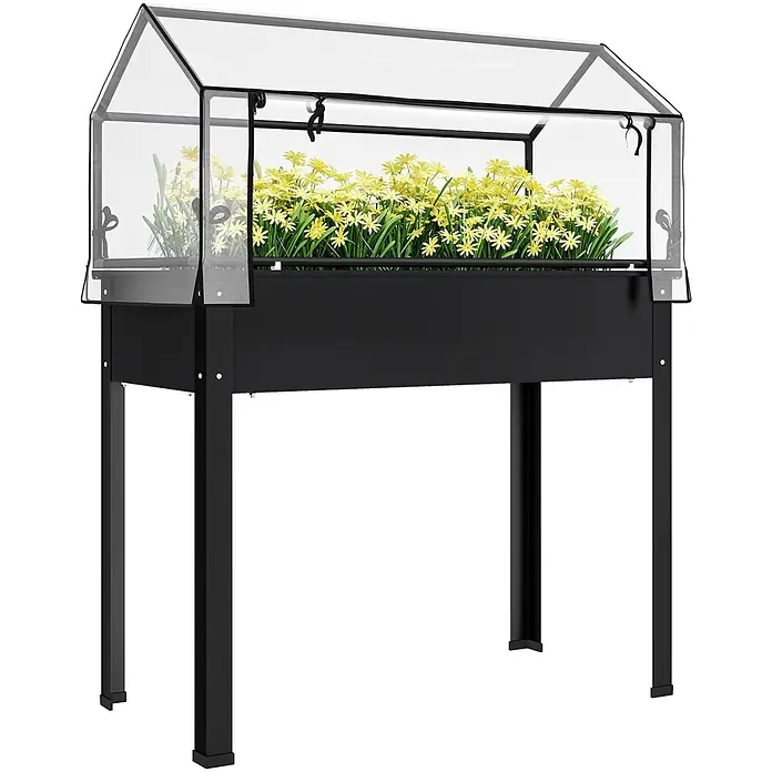 Outsunny Kräuterhochbeet - L x B x H: 100 x 48 x 124 cm - Schwarzes Hochbeet mit durchsichtiger, hausförmiger Gewächshausabdeckung, enthält gelbe Blumen.