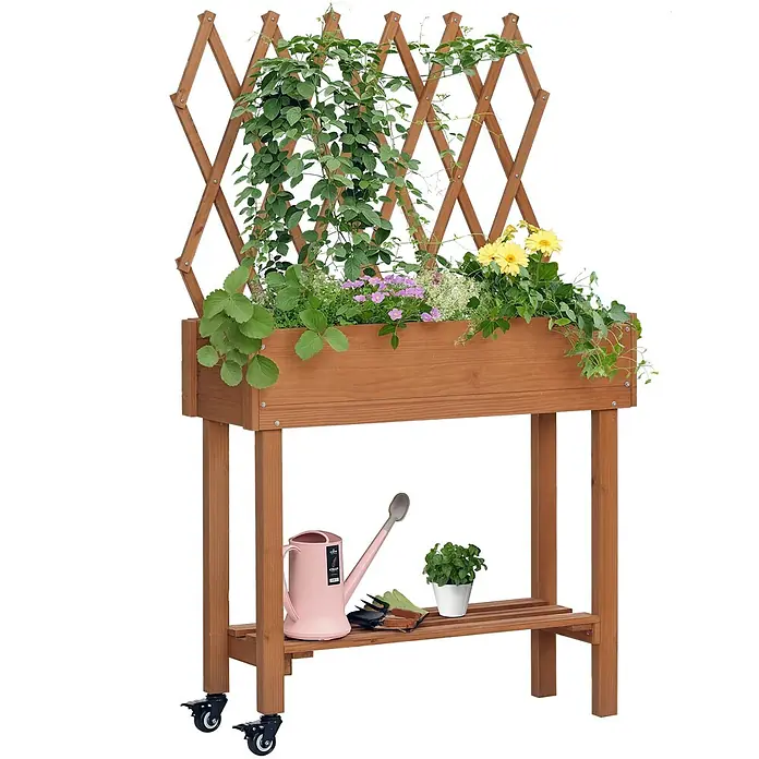 Outsunny Kräuterhochbeet - Material: Holz - Pflanzkasten aus Naturholz mit Spalier, bepflanzt mit Blumen und Pflanzen, unterem Regal und Rollen.