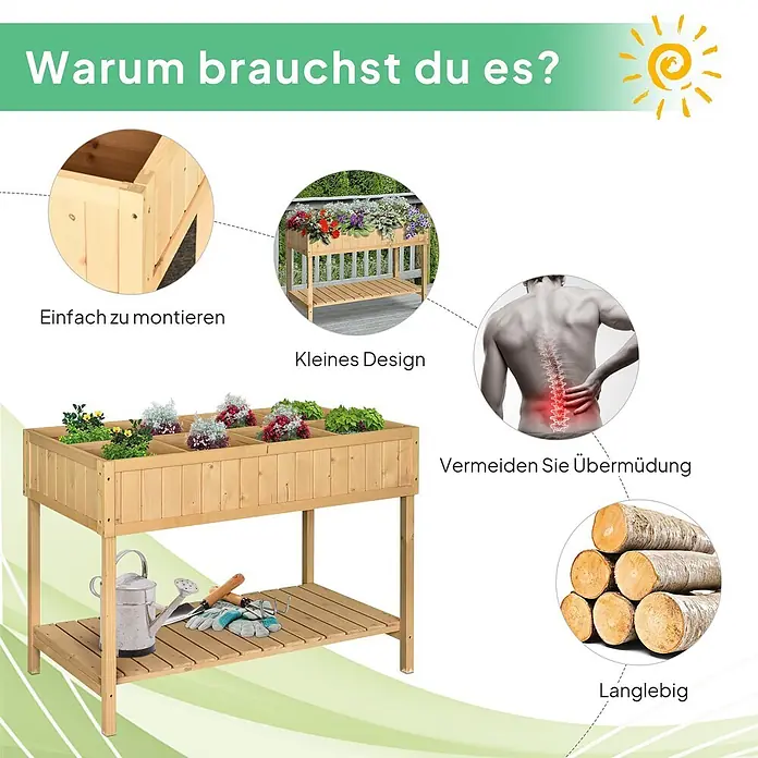 Outsunny Kräuterhochbeet - L x B x H: 110 x 46 x 76 cm - Hellbraunes Hochbeet aus Holz mit mehreren Pflanzfächern und einer unteren Ablage, für ergonomisches Gärtnern und Stauraum.